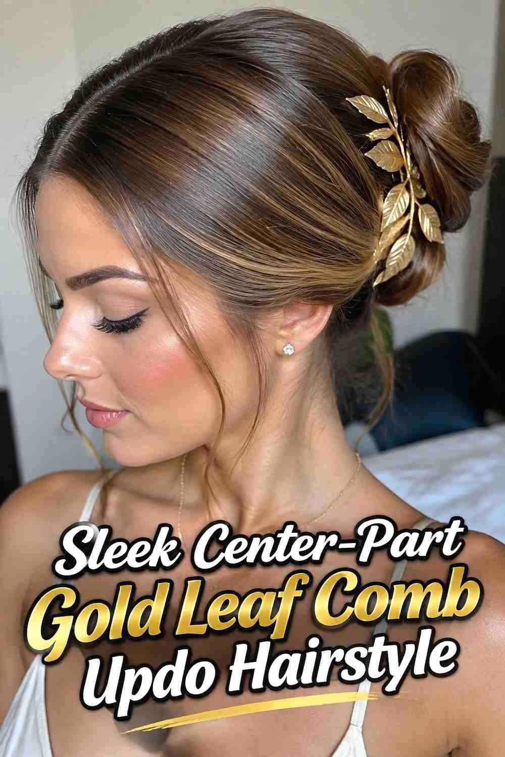 6. Sleek Center Part Gold Leaf Comb Updo Hairstyle