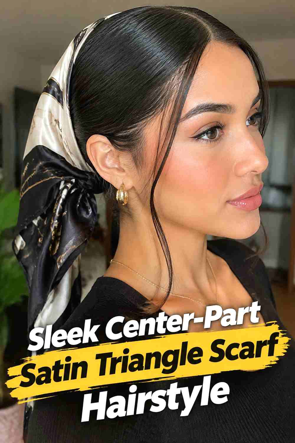 10. Sleek Center Part Satin Triangle Scarf Hairstyle