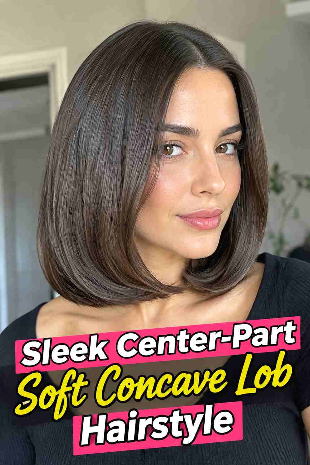 1. Sleek Center Part Soft Concave Lob Hairstyle