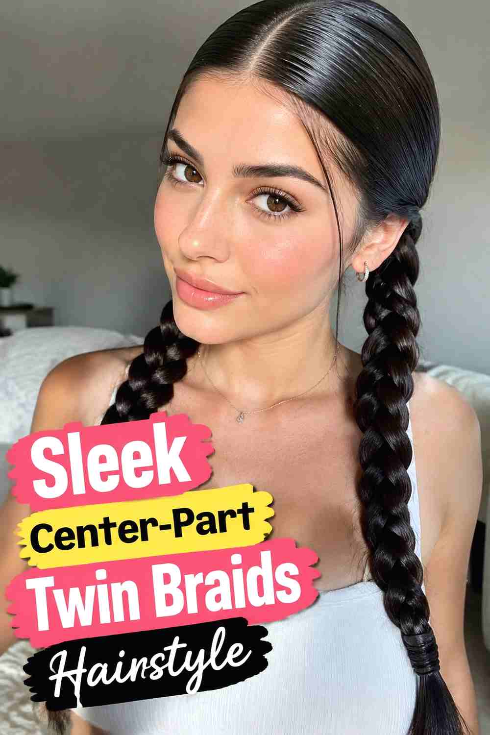 1. Sleek Center Part Twin Braids Hairstyle