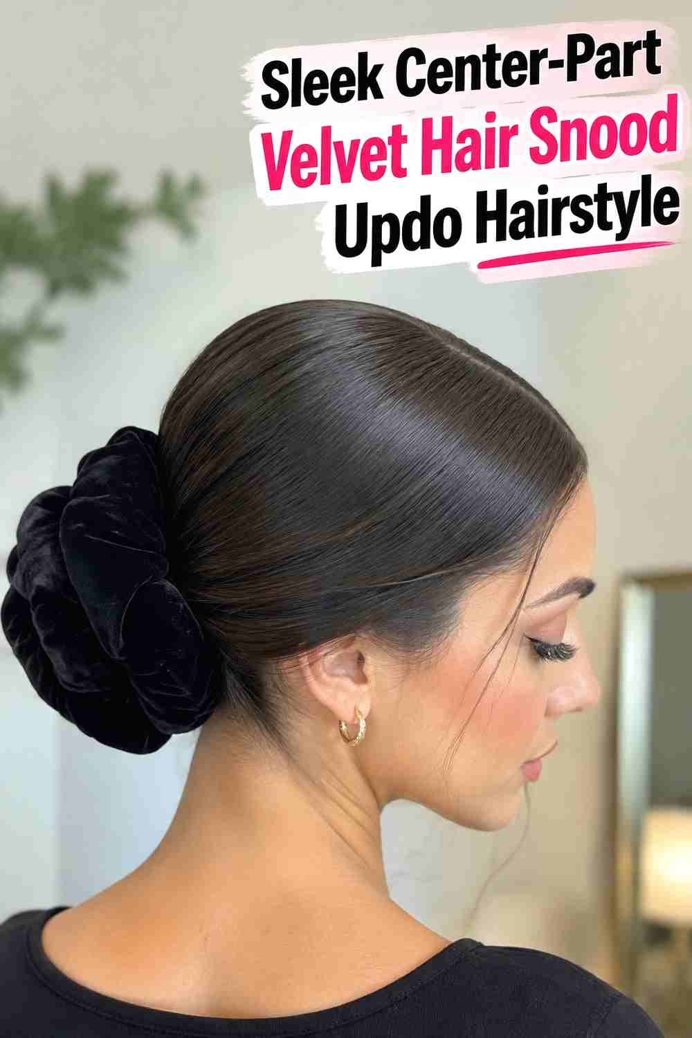 1. Sleek Center Part Velvet Hair Snood Updo Hairstyle