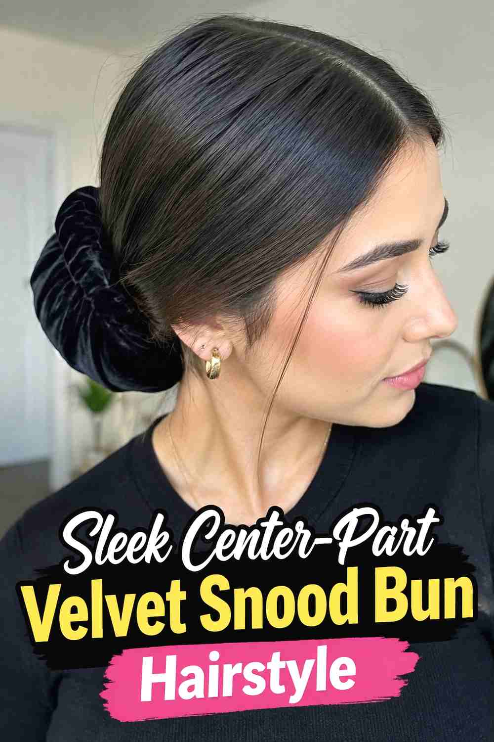 10. Sleek Center Part Velvet Snood Bun Hairstyle