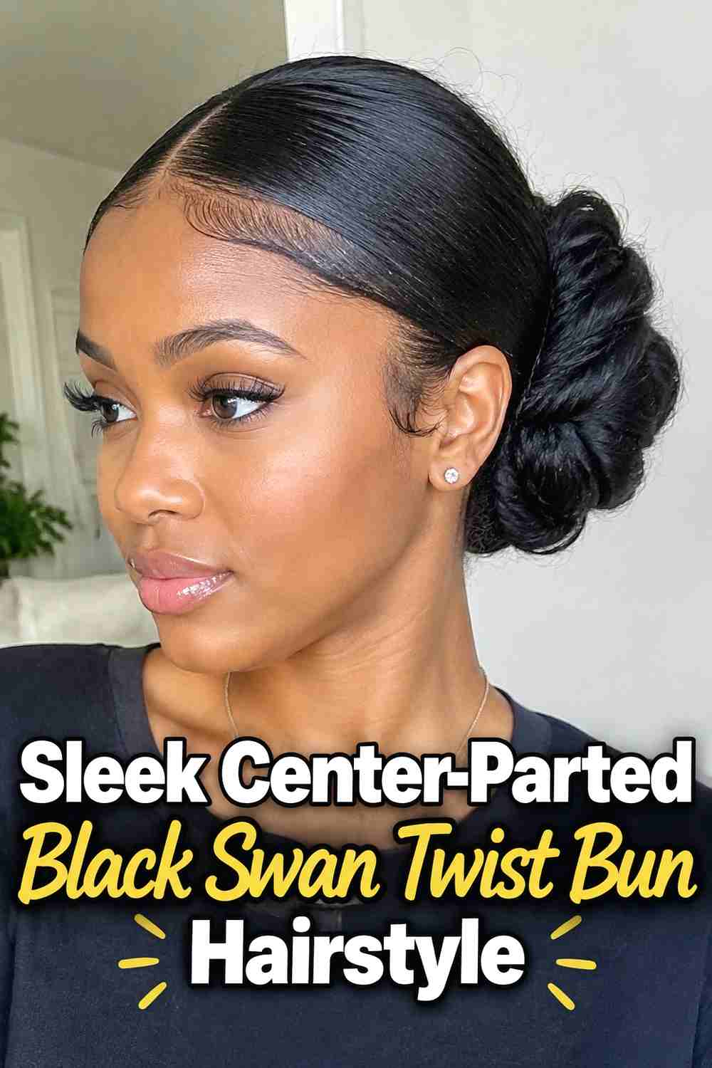 2. Sleek Center Parted Black Swan Twist Bun Hairstyle