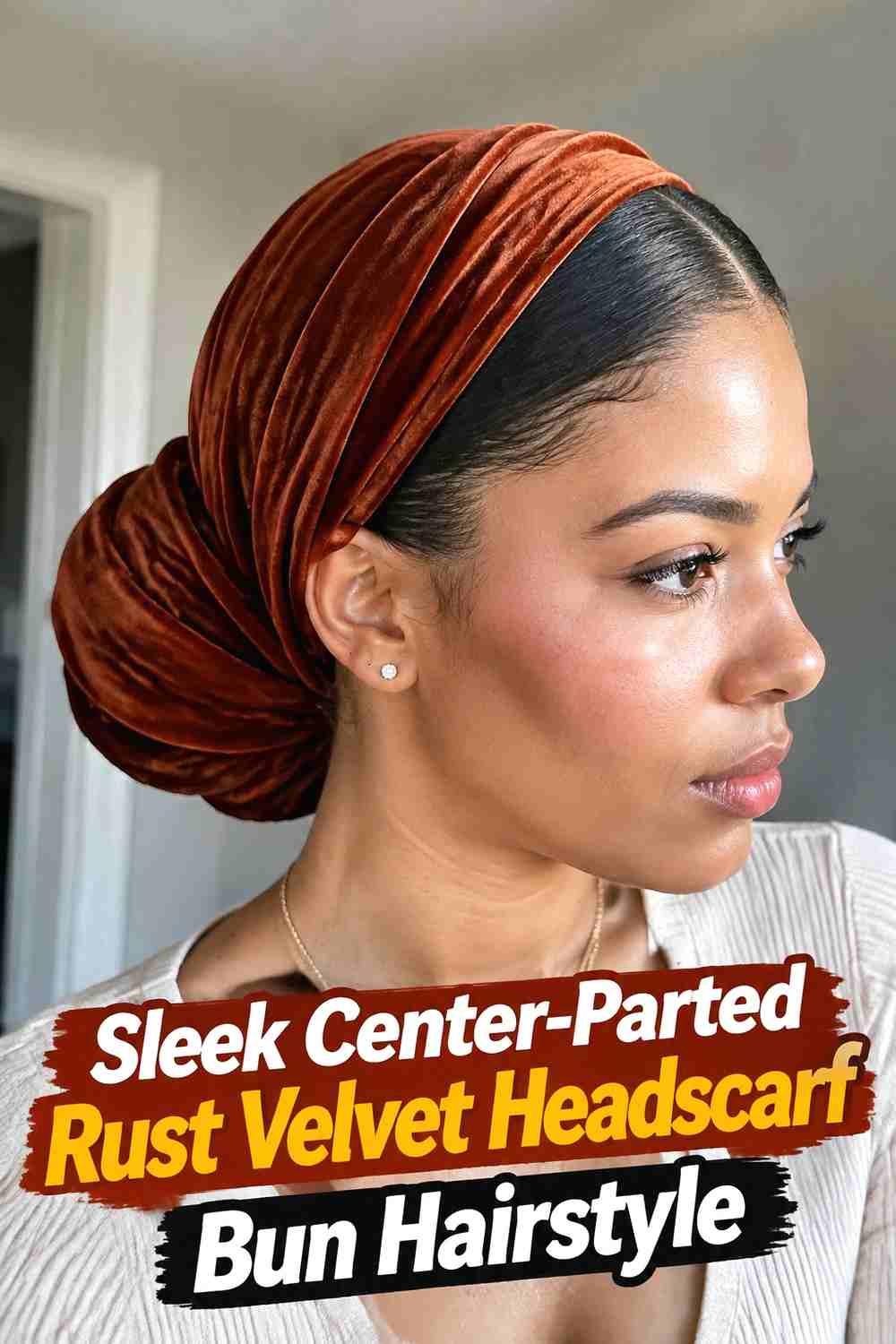 2. Sleek Center Parted Rust Velvet Headscarf Bun Hairstyle