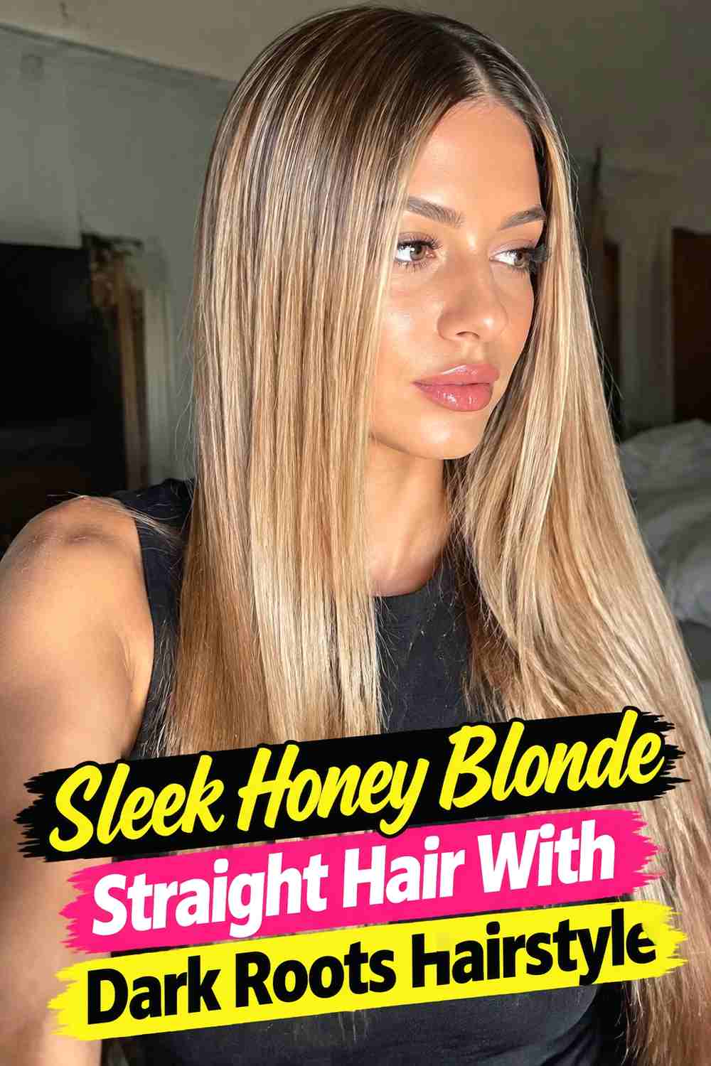 8. Sleek Honey Blonde Straight Hair With Dark Roots Hairstyle