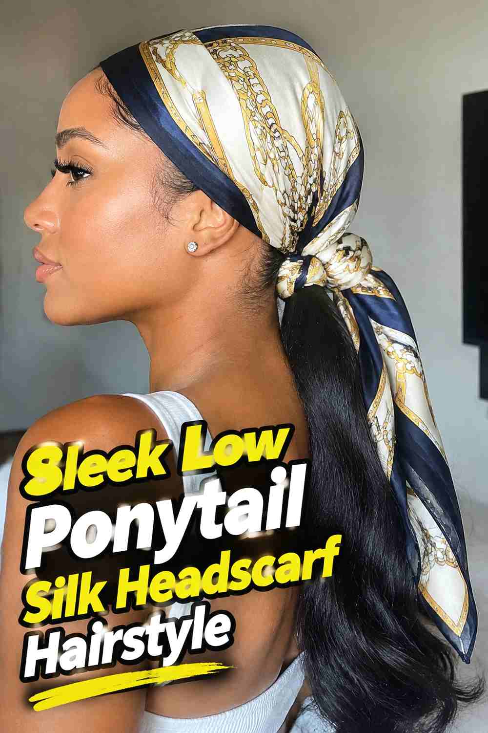 1. Sleek Low Ponytail Silk Headscarf Hairstyle