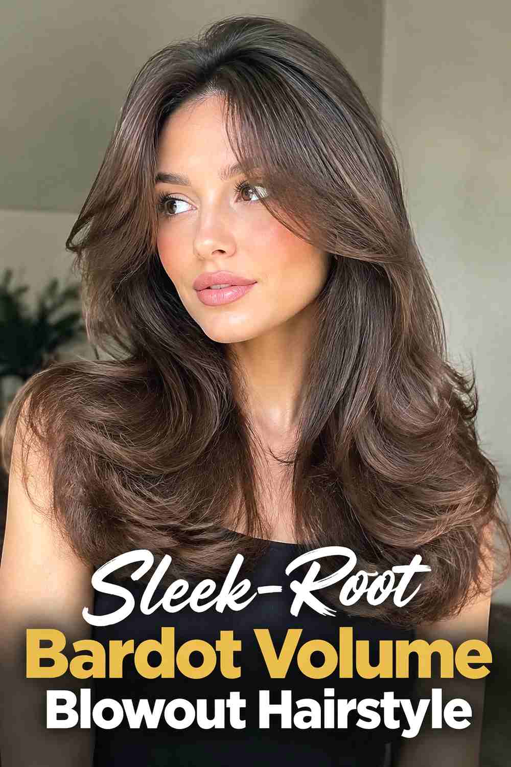 14. Sleek Root Bardot Volume Blowout Hairstyle