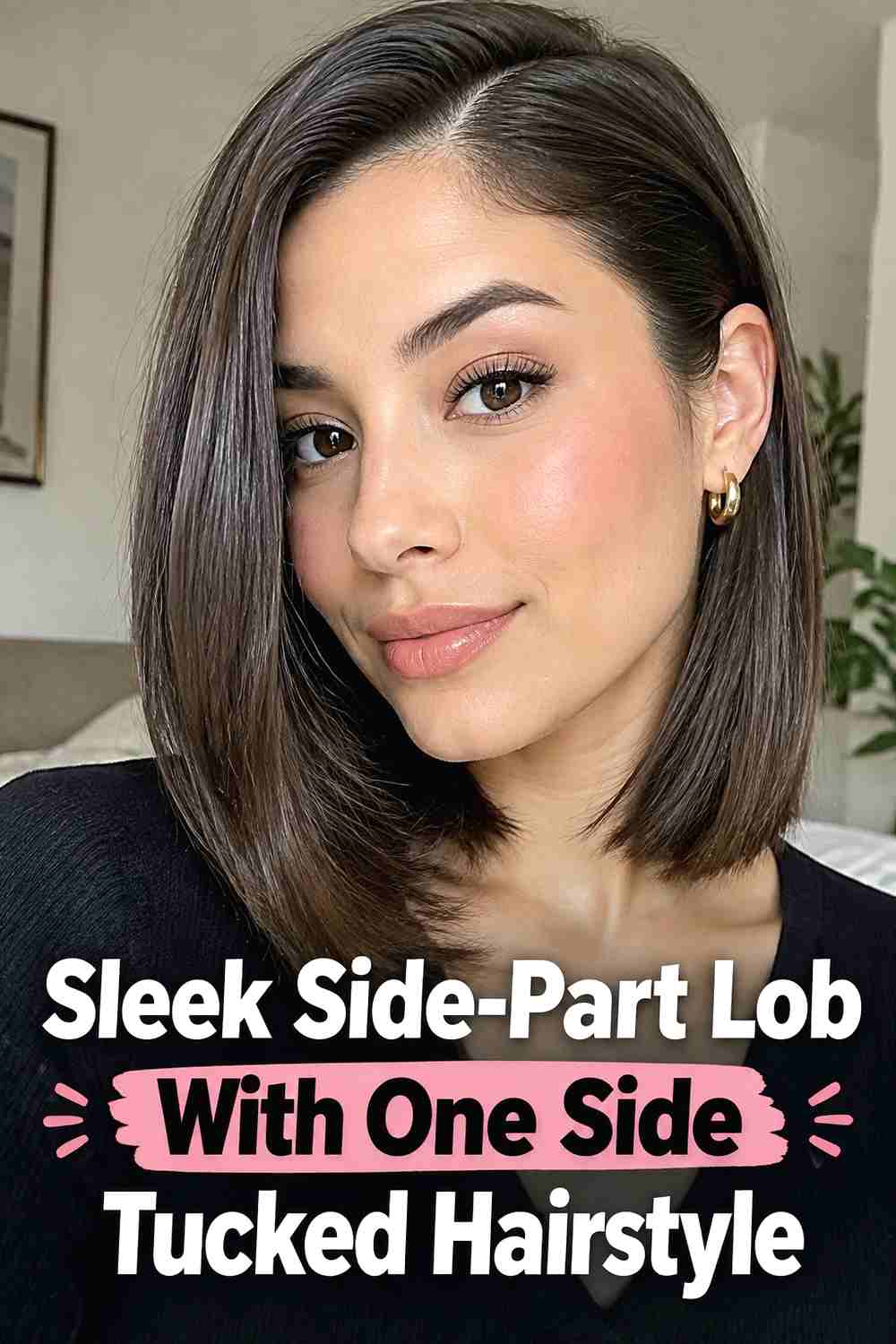 17. Sleek Side Part Lob With One Side Tucked Hairstyle