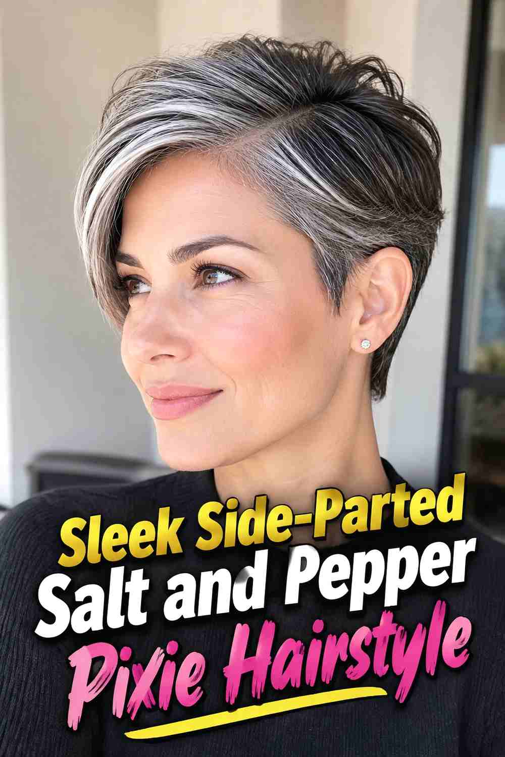 6. Sleek Side Parted Salt And Pepper Pixie Hairstyle