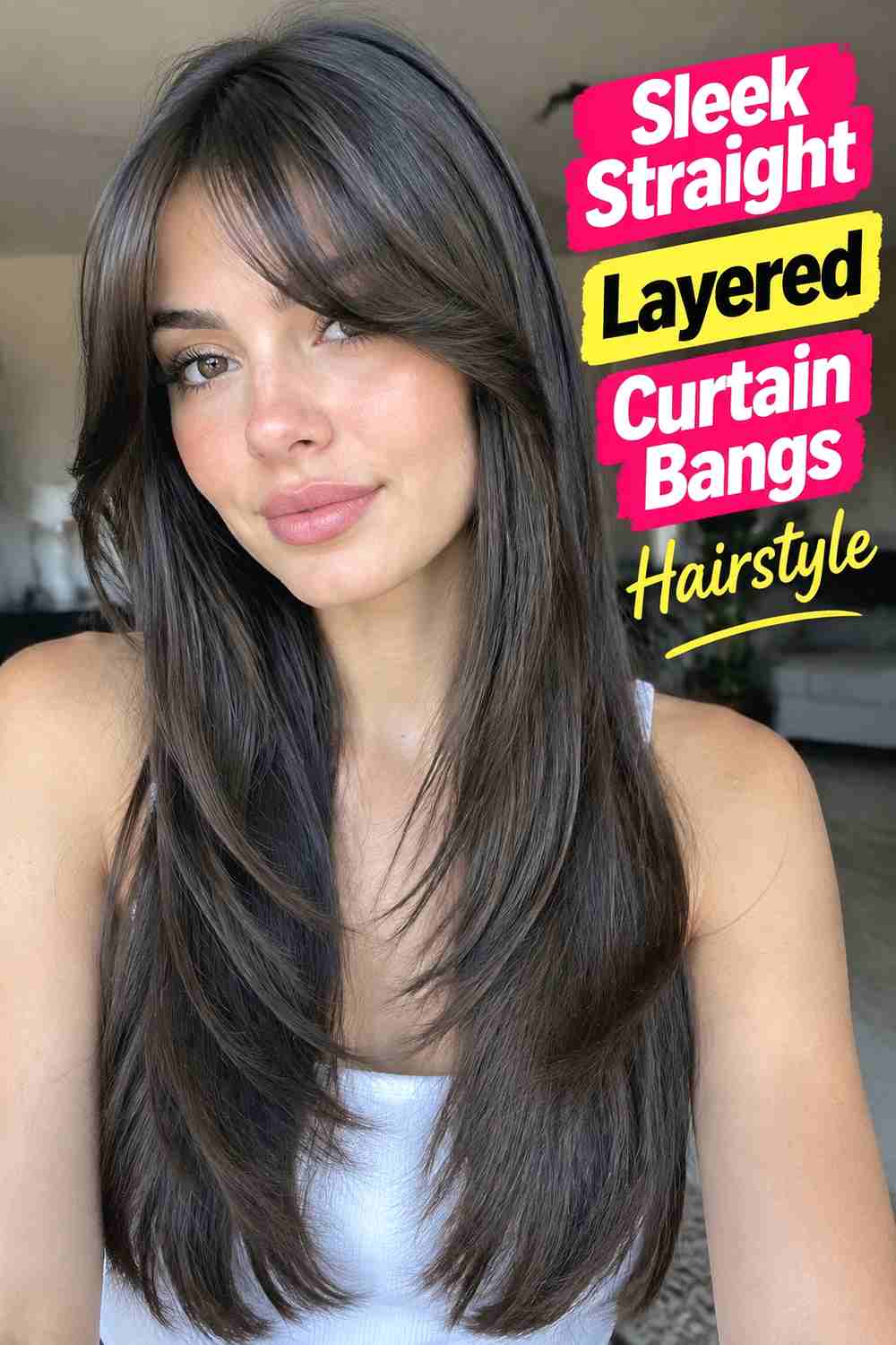 9. Sleek Straight Layered Curtain Bangs Hairstyle