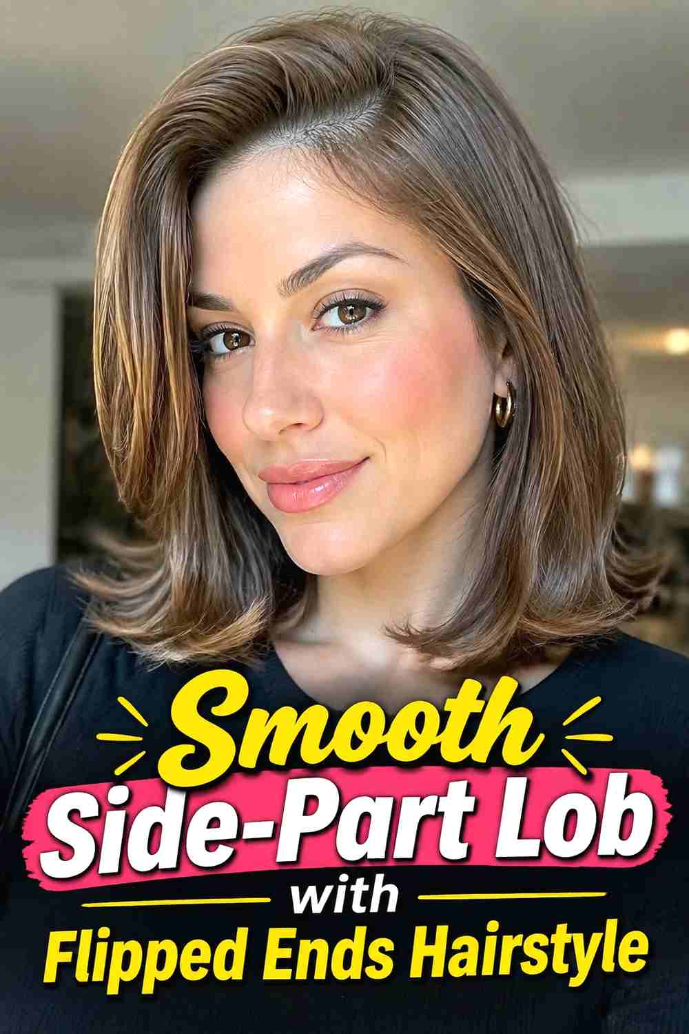 8. Smooth Side Part Lob With Flipped Ends Hairstyle