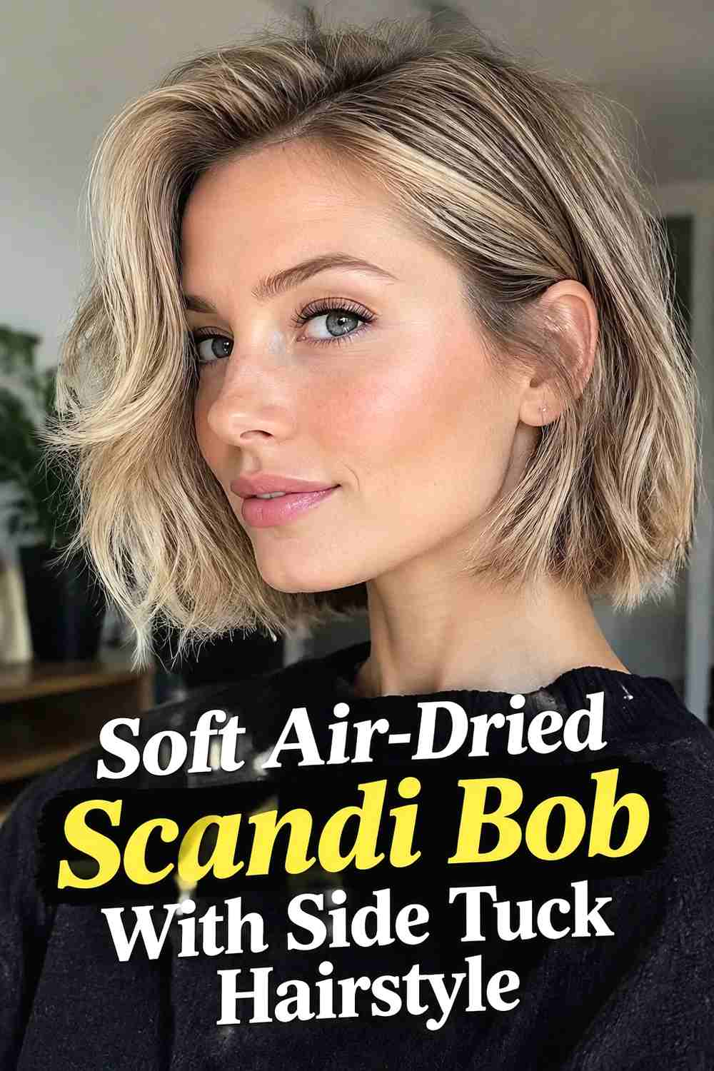 2. Soft Air Dried Scandi Bob With Side Tuck Hairstyle