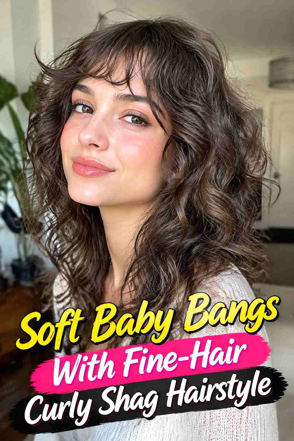 14. Soft Baby Bangs With Fine Hair Curly Shag Hairstyle