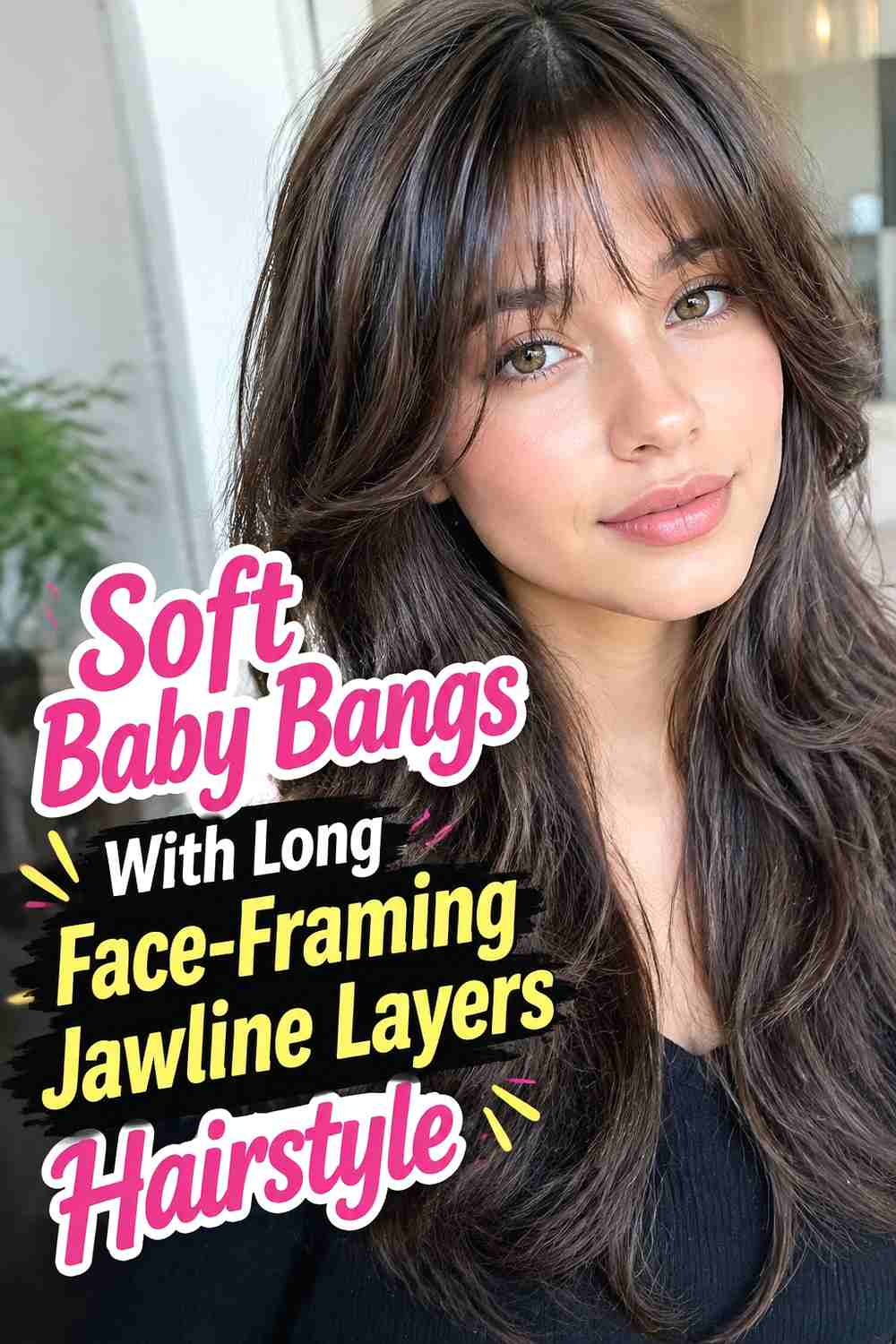 7. Soft Baby Bangs With Long Face Framing Jawline Layers Hairstyle