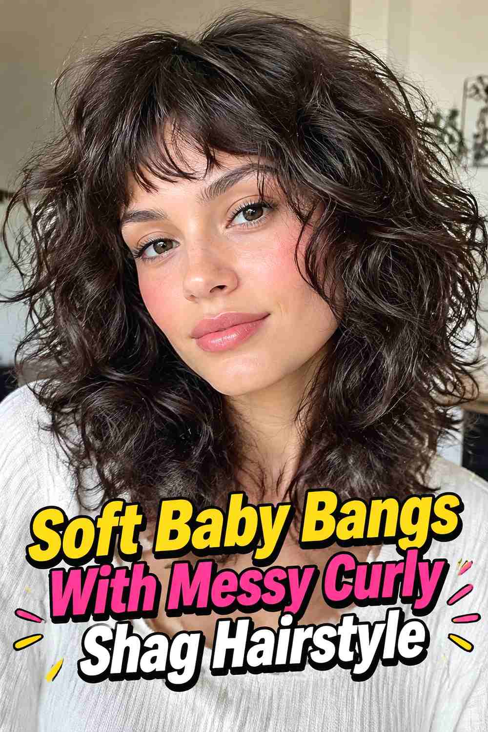 17. Soft Baby Bangs With Messy Curly Shag Hairstyle