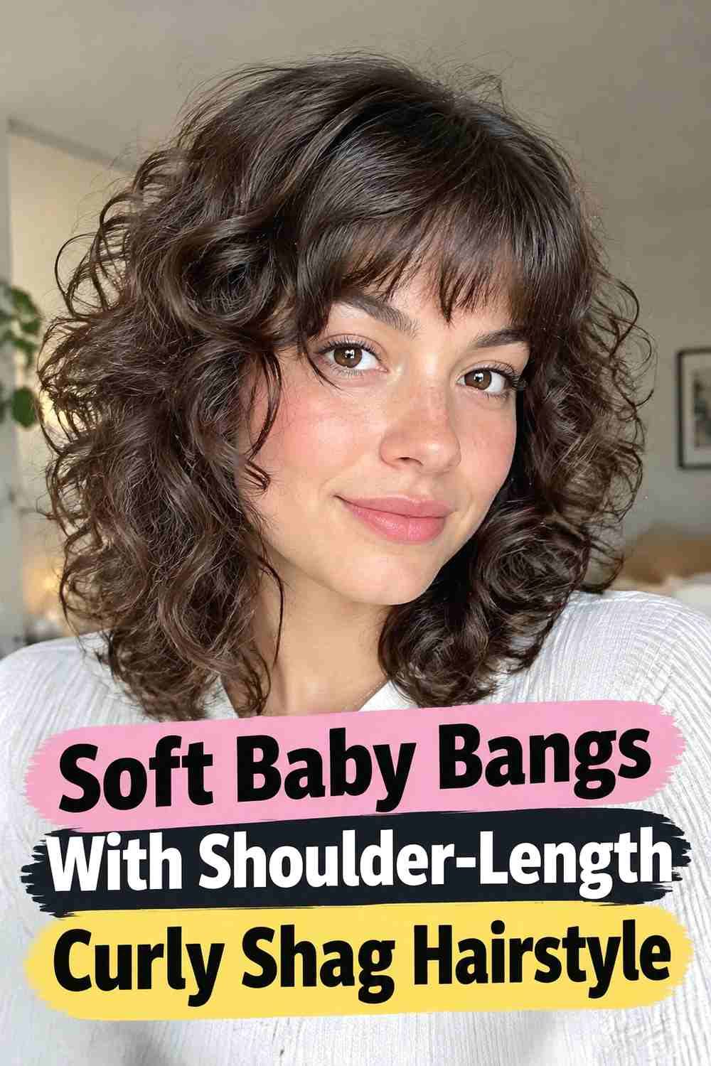 5. Soft Baby Bangs With Shoulder Length Curly Shag Hairstyle