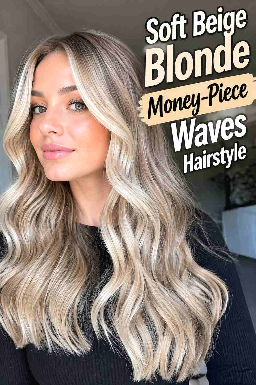 1. Soft Beige Blonde Money Piece Waves Hairstyle