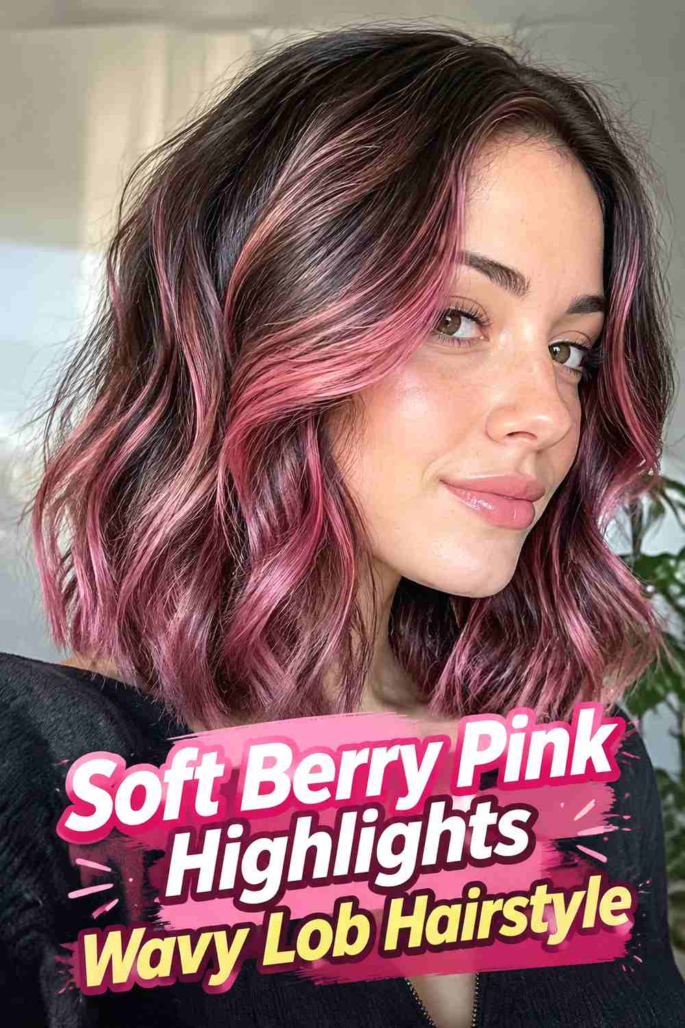 1. Soft Berry Pink Highlights Wavy Lob Hairstyle