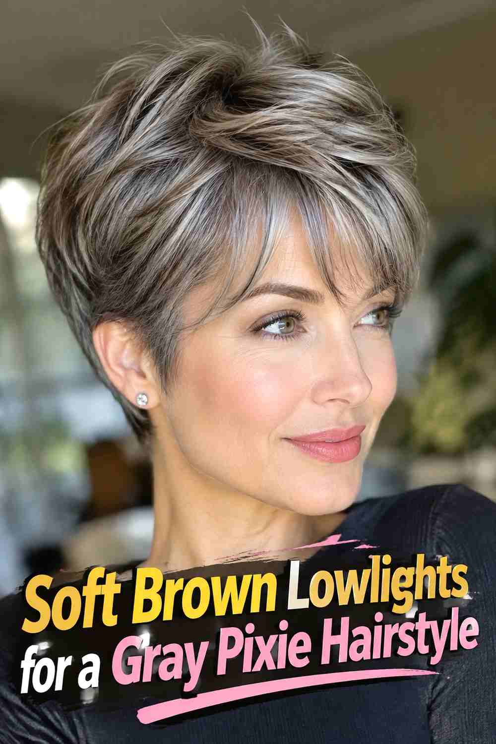 13. Soft Brown Lowlights For A Gray Pixie Hairstyle