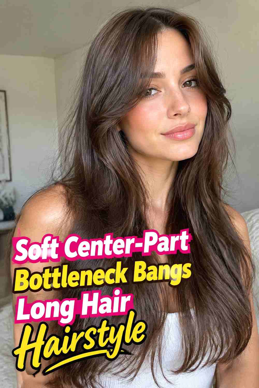 2. Soft Center Part Bottleneck Bangs Long Hair Hairstyle