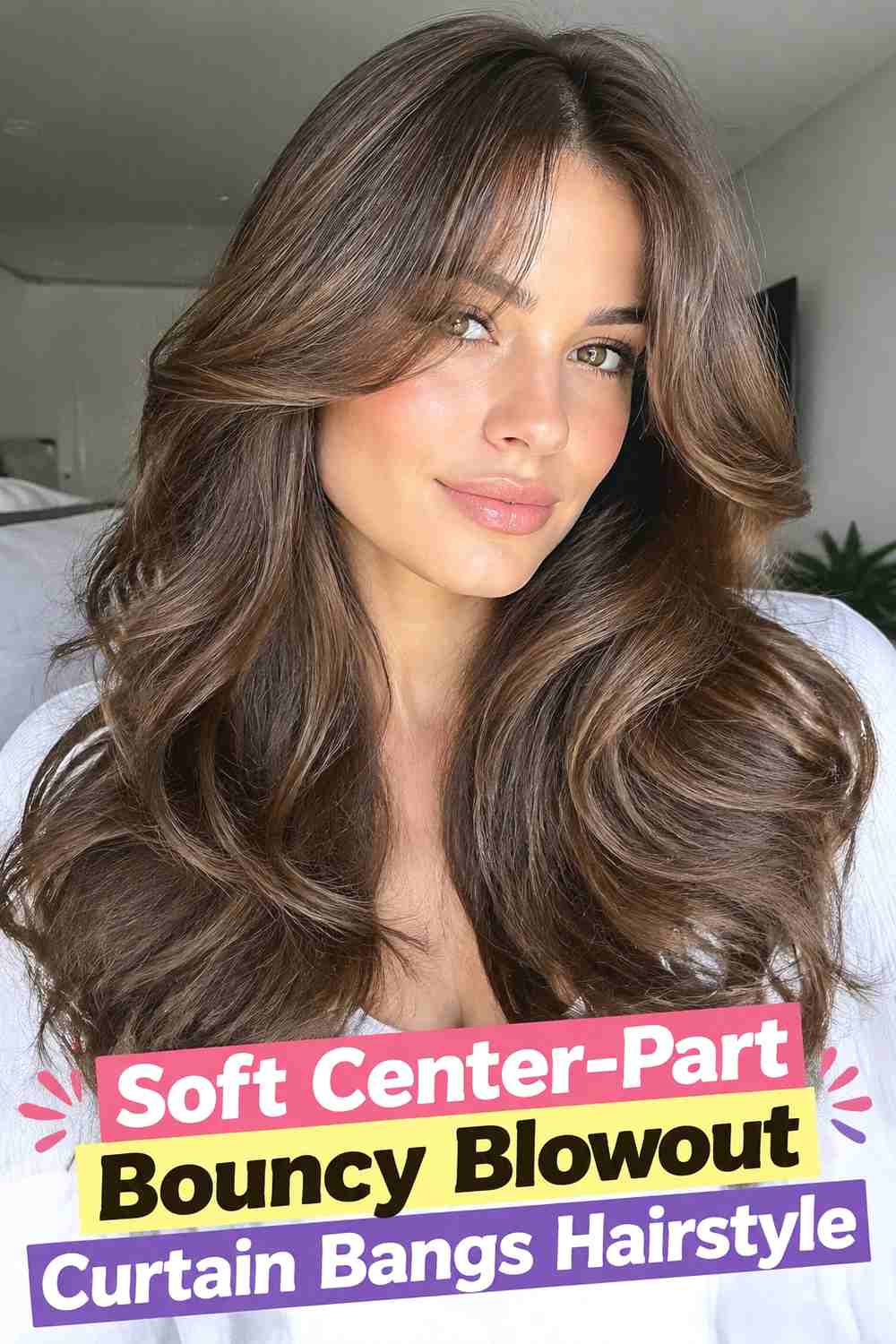 1. Soft Center Part Bouncy Blowout Curtain Bangs Hairstyle