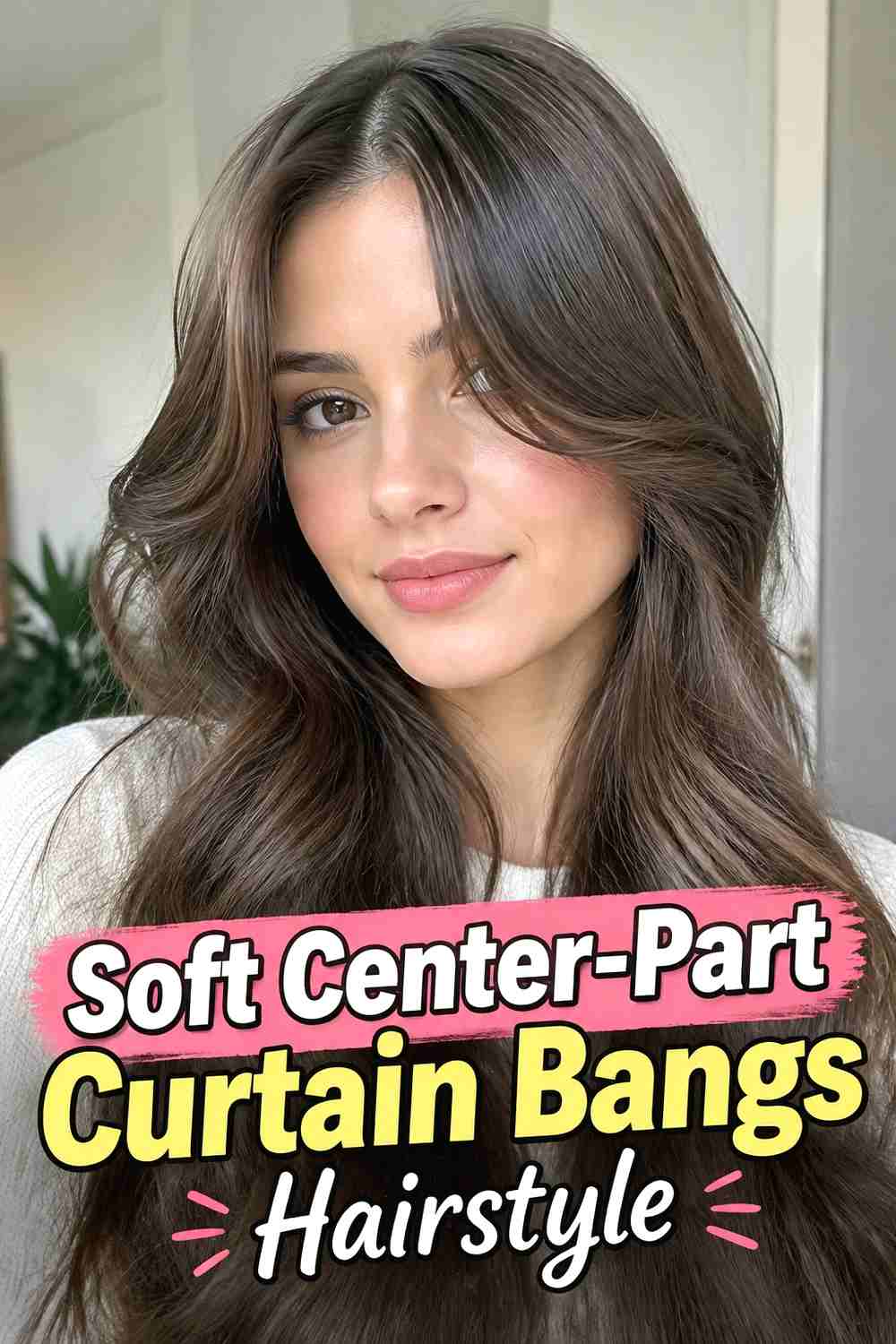 1. Soft Center Part Curtain Bangs Hairstyle