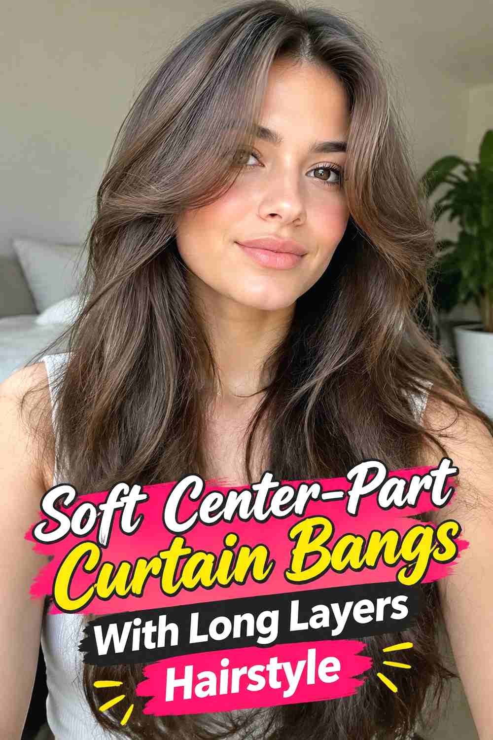 1. Soft Center Part Curtain Bangs With Long Layers Hairstyle