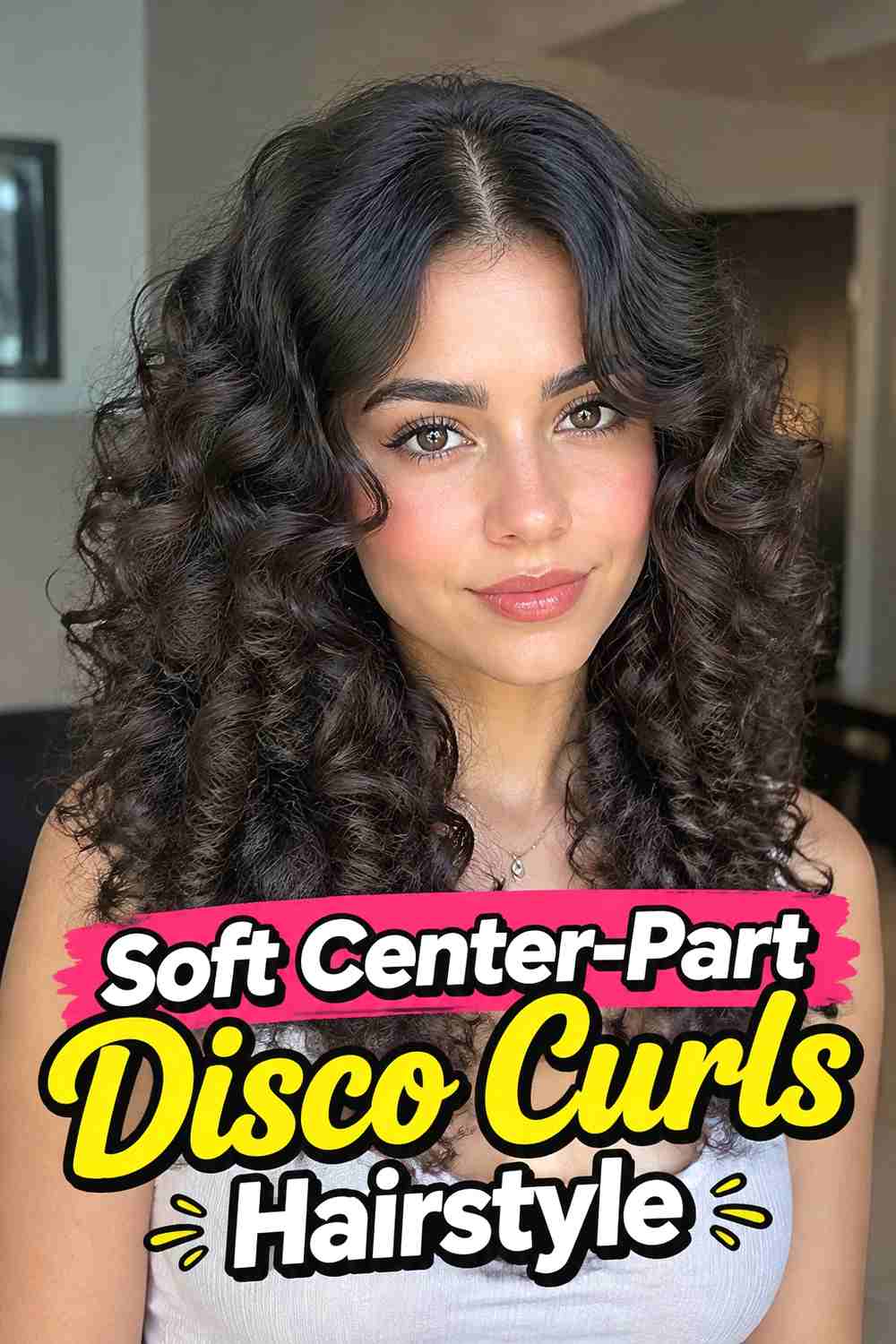 1. Soft Center Part Disco Curls Hairstyle
