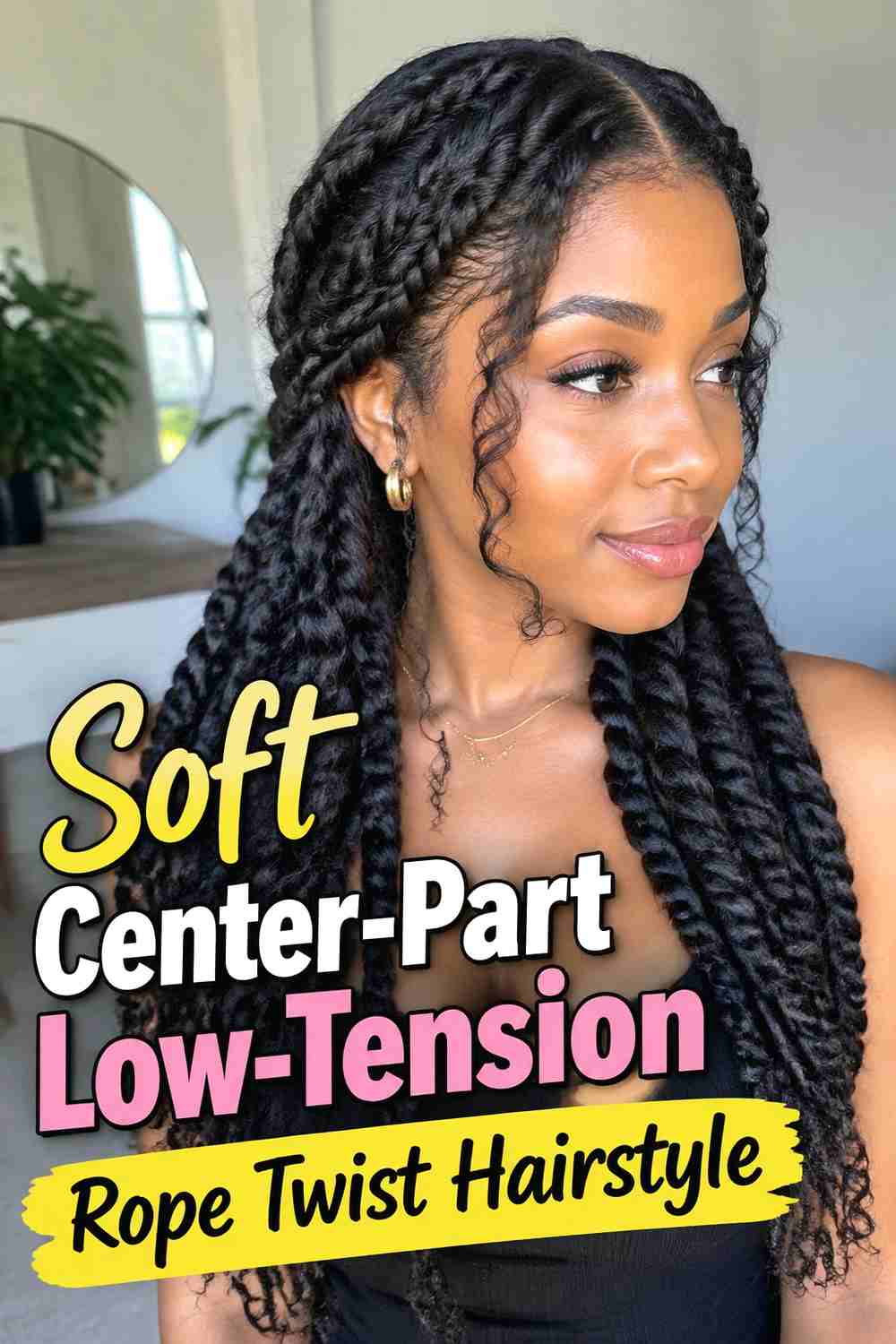 1. Soft Center Part Low Tension Rope Twist Hairstyle