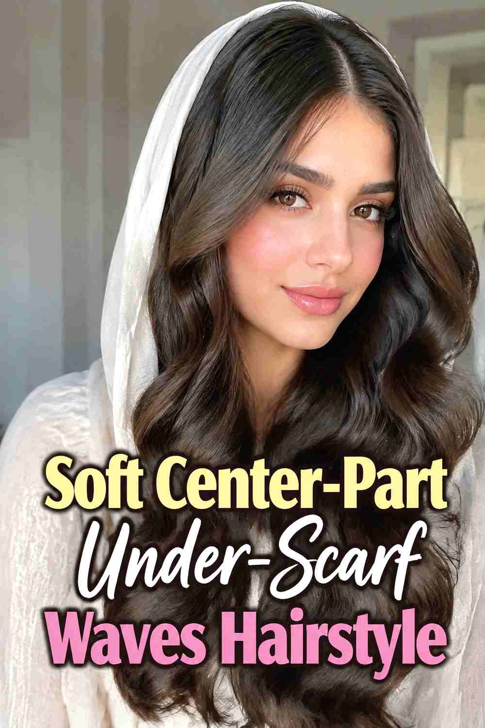 1. Soft Center Part Under Scarf Waves Hairstyle