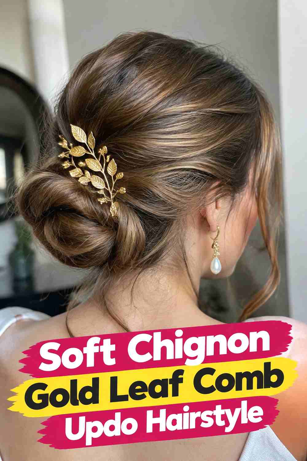 3. Soft Chignon Gold Leaf Comb Updo Hairstyle