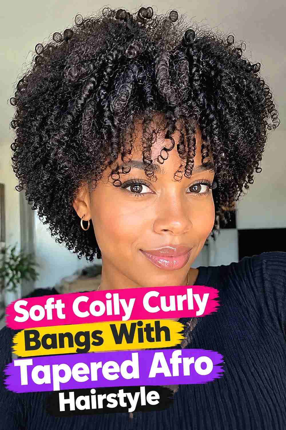 1. Soft Coily Curly Bangs With Tapered Afro Hairstyle