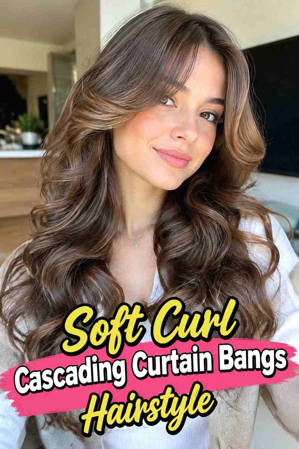 14. Soft Curl Cascading Curtain Bangs Hairstyle