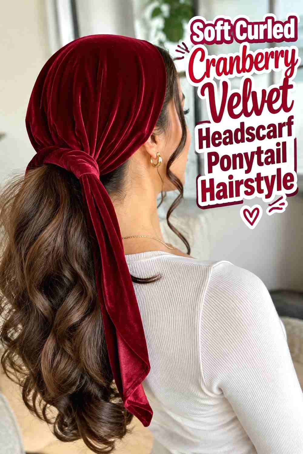 3. Soft Curled Cranberry Velvet Headscarf Ponytail Hairstyle