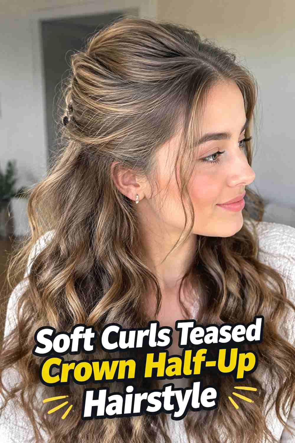 15. Soft Curls Teased Crown Half Up Hairstyle