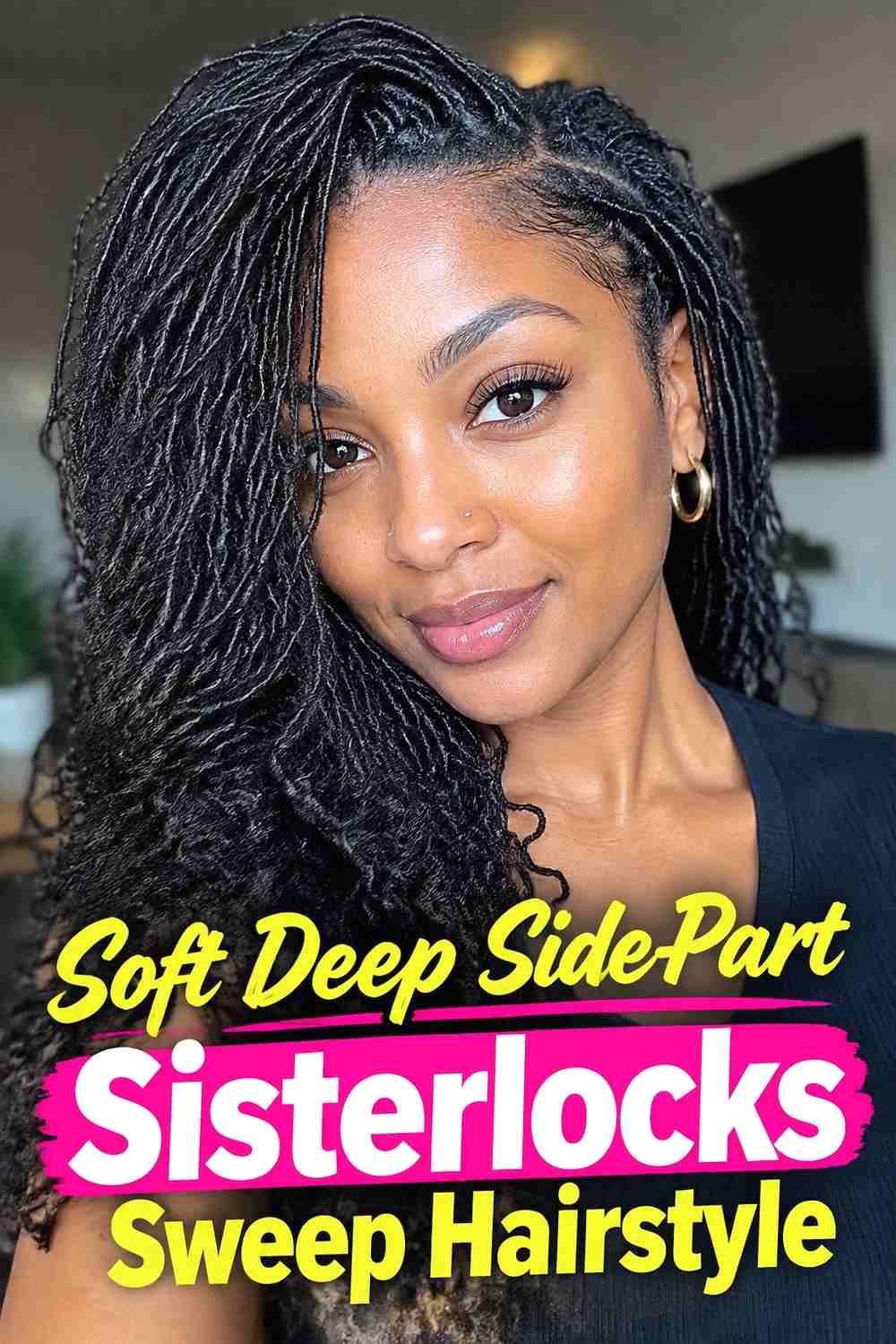 1. Soft Deep Side Part Sisterlocks Sweep Hairstyle