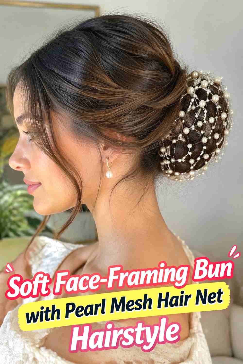 12. Soft Face Framing Bun With Pearl Mesh Hair Net Hairstyle