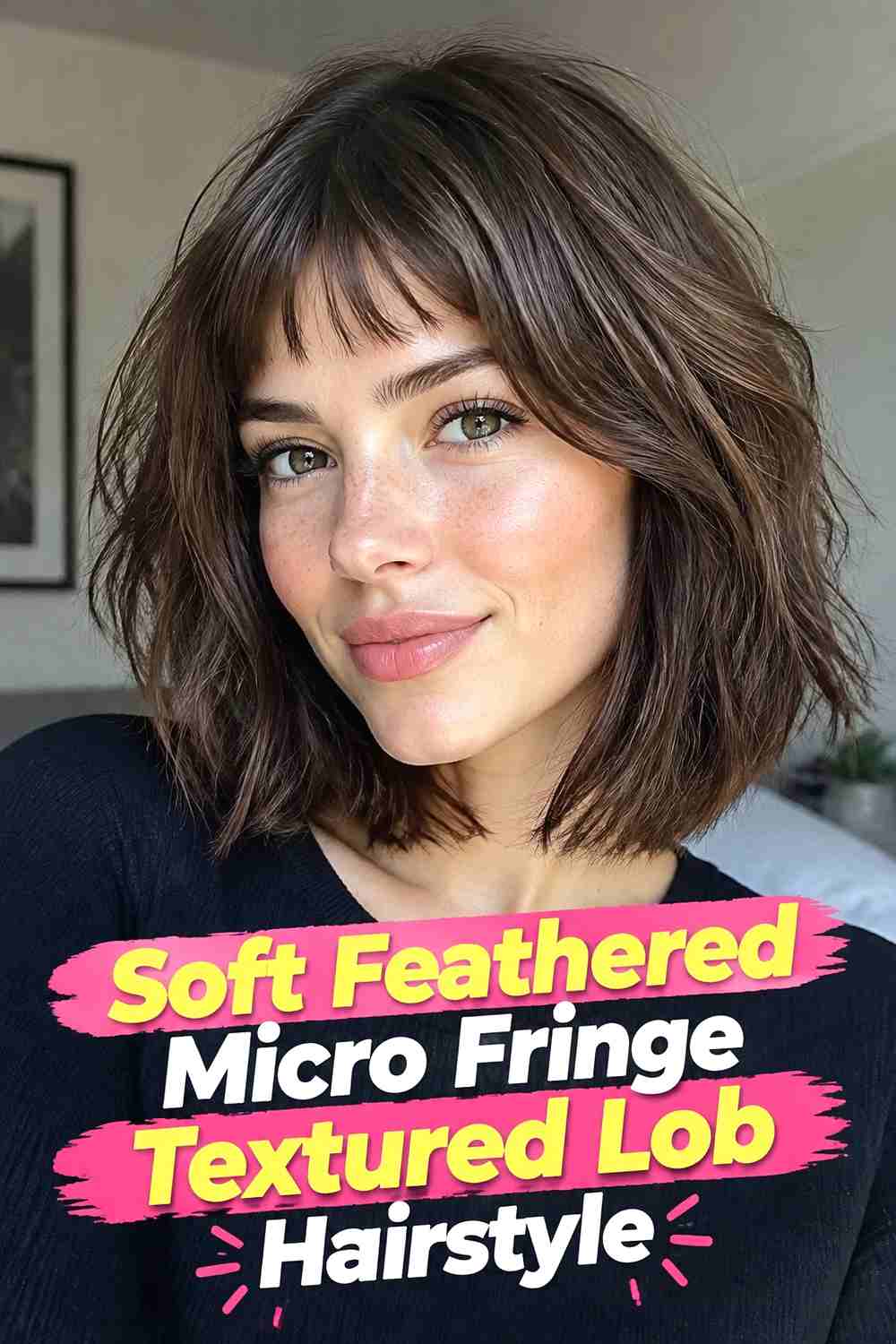 1. Soft Feathered Micro Fringe Textured Lob Hairstyle