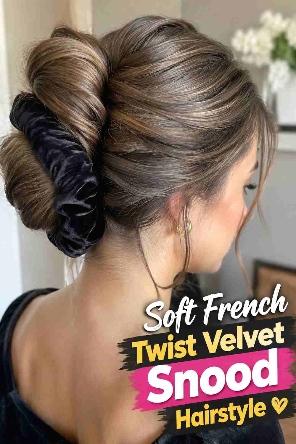 2. Soft French Twist Velvet Snood Hairstyle