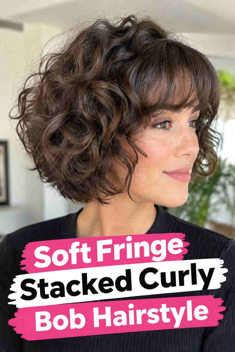 13. Soft Fringe Stacked Curly Bob Hairstyle