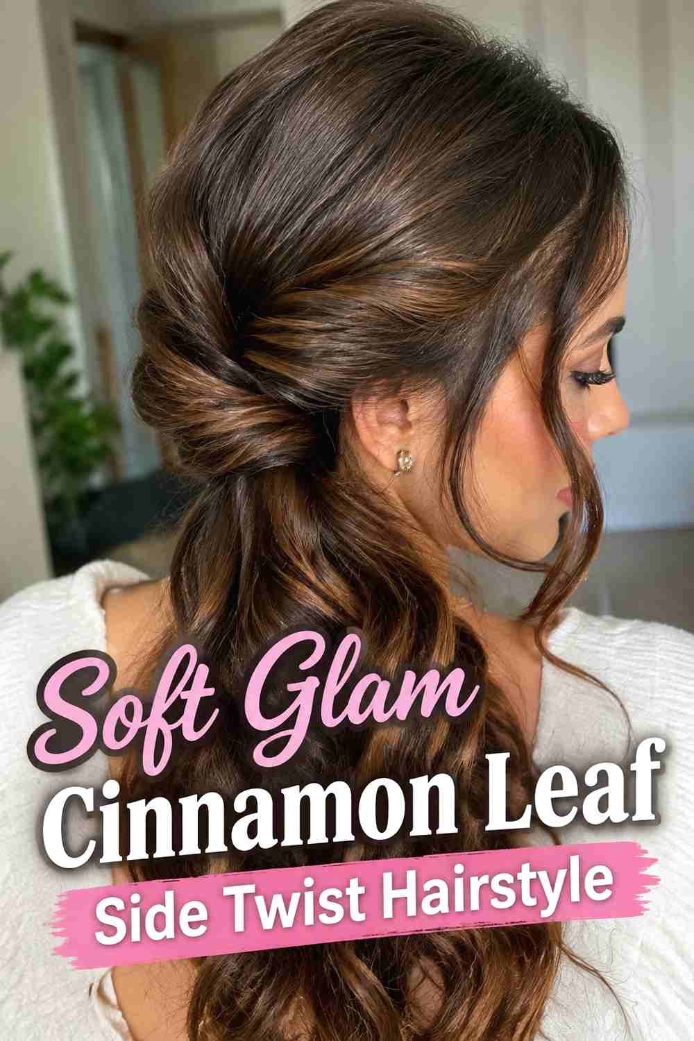 19. Soft Glam Cinnamon Leaf Side Twist Hairstyle