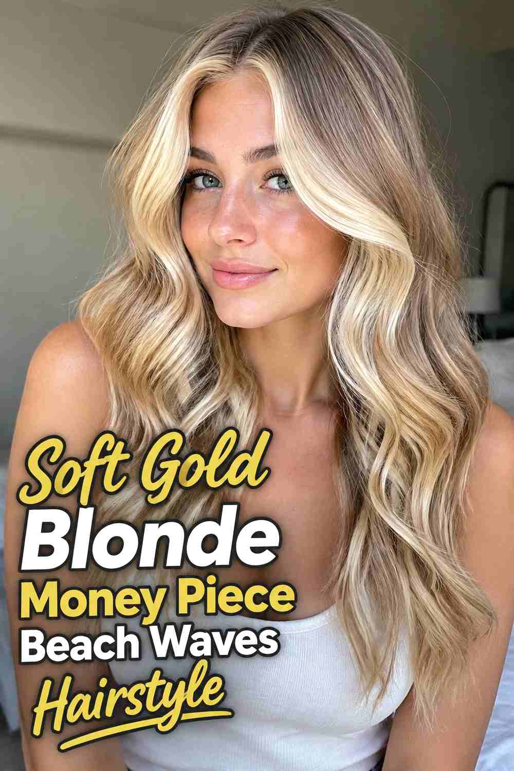 11. Soft Gold Blonde Money Piece Beach Waves Hairstyle