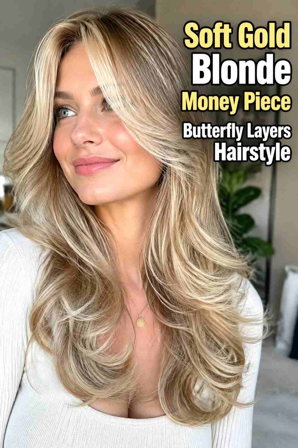 9. Soft Gold Blonde Money Piece Butterfly Layers Hairstyle
