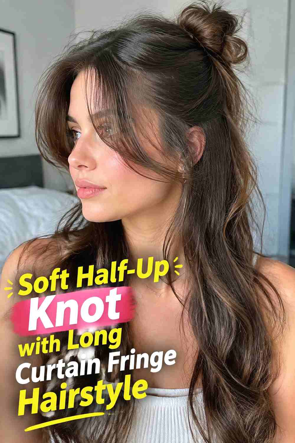 10. Soft Half Up Knot With Long Curtain Fringe Hairstyle