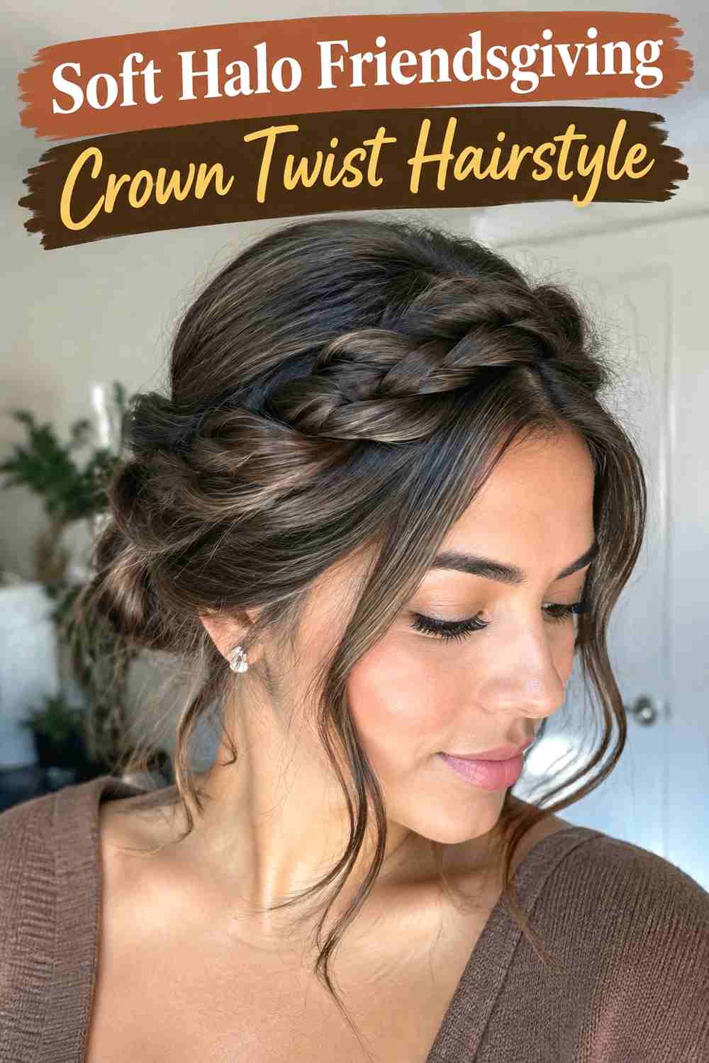 1. Soft Halo Friendsgiving Crown Twist Hairstyle