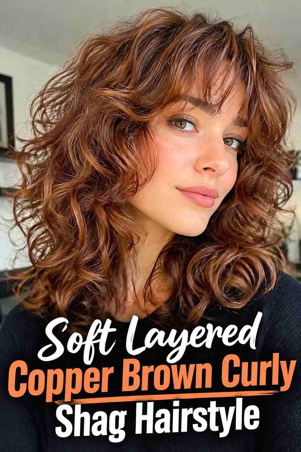 2. Soft Layered Copper Brown Curly Shag Hairstyle