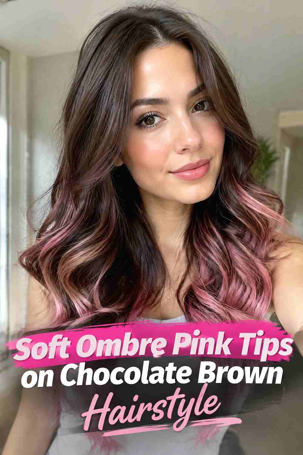 14. Soft Ombre Pink Tips On Chocolate Brown Hairstyle