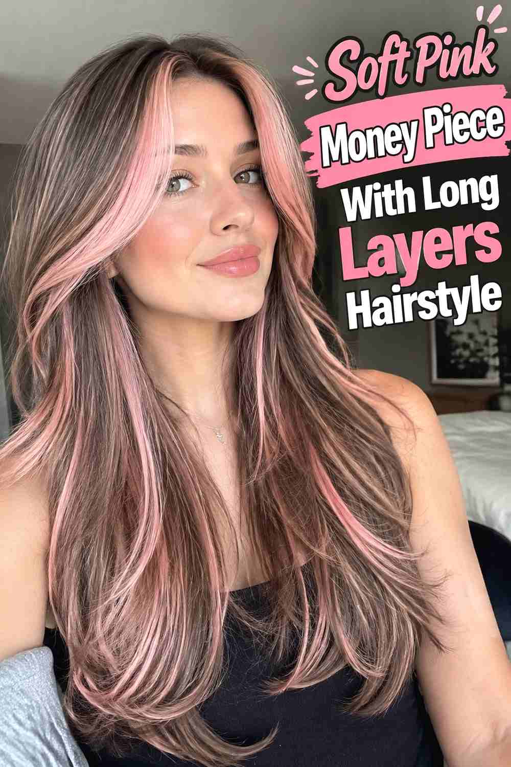 9. Soft Pink Money Piece With Long Layers Hairstyle