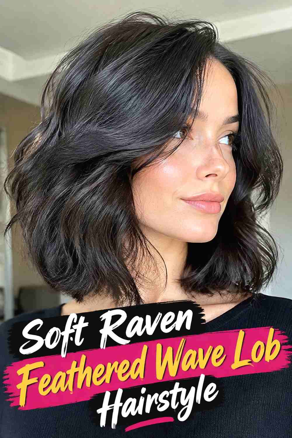 5. Soft Raven Feathered Wave Lob Hairstyle