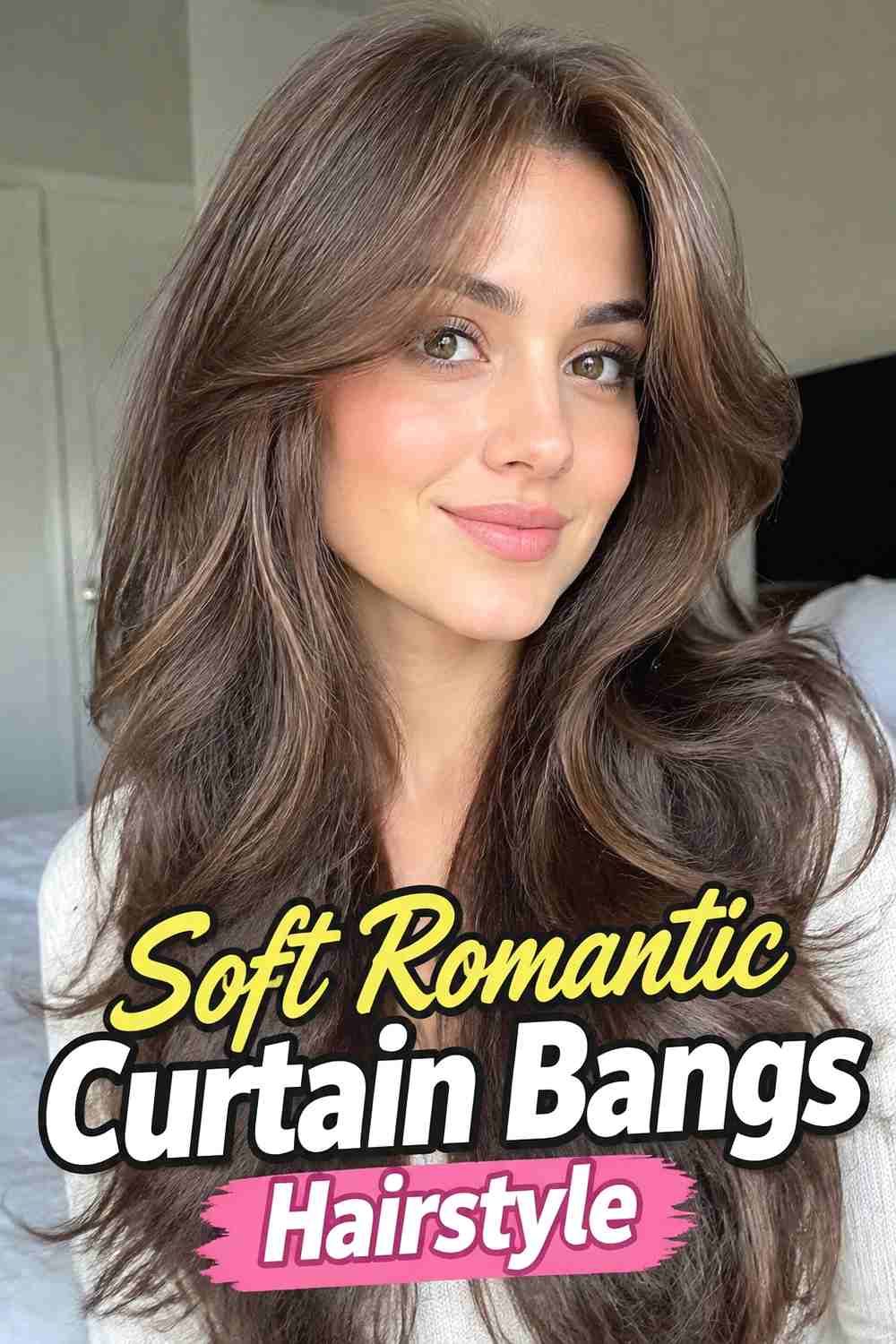 20. Soft Romantic Curtain Bangs Hairstyle
